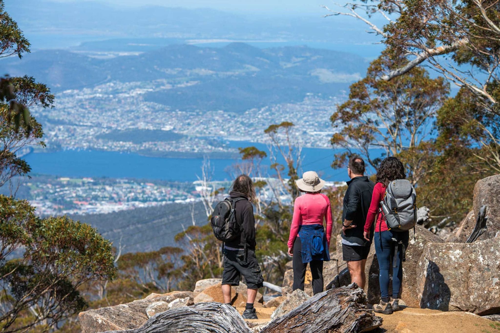 A group of people hiking on a mountain overlooking a city, showcasing the beauty of nature and adventure.