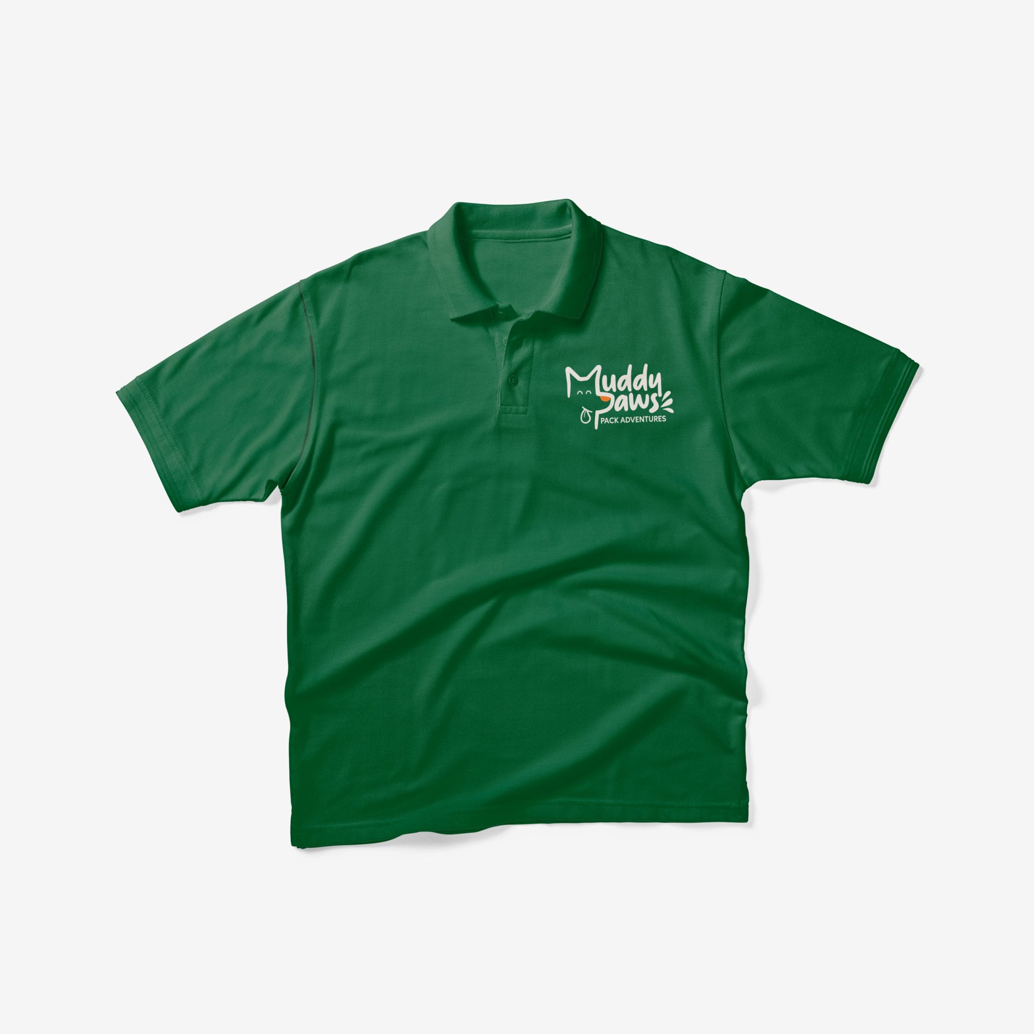 A green polo shirt with a small business logo on it.
