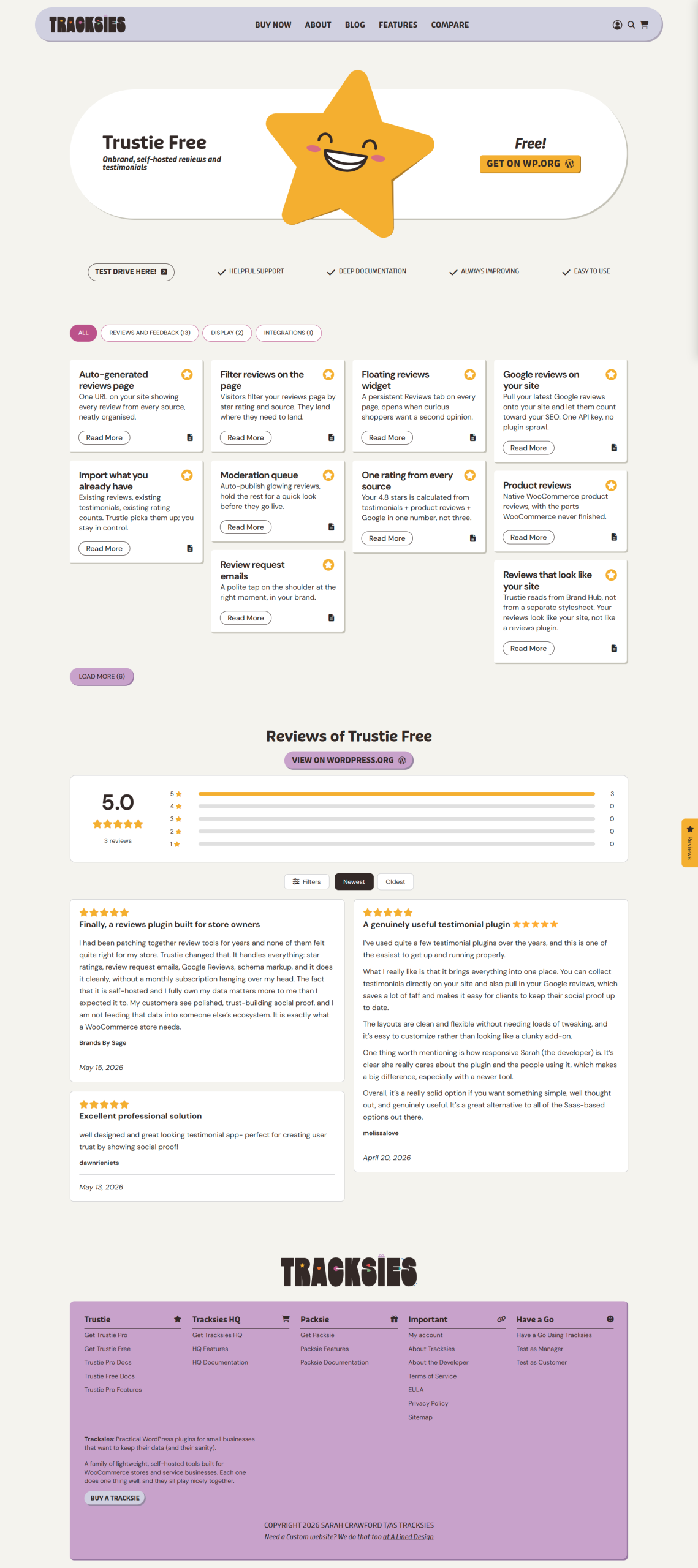 Tracksies website showcasing Trustie Free reviews plugin