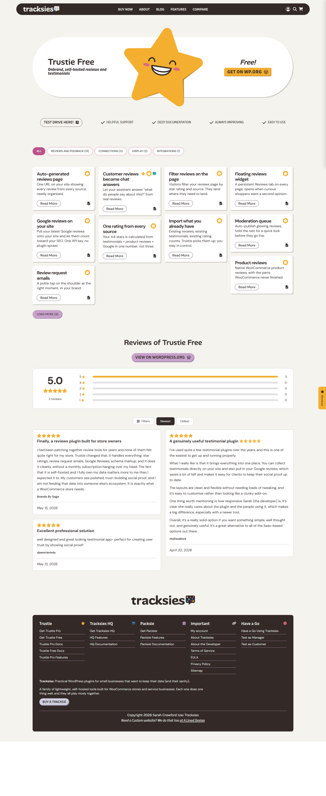 Trustie Free WordPress reviews plugin webpage on Tracksies