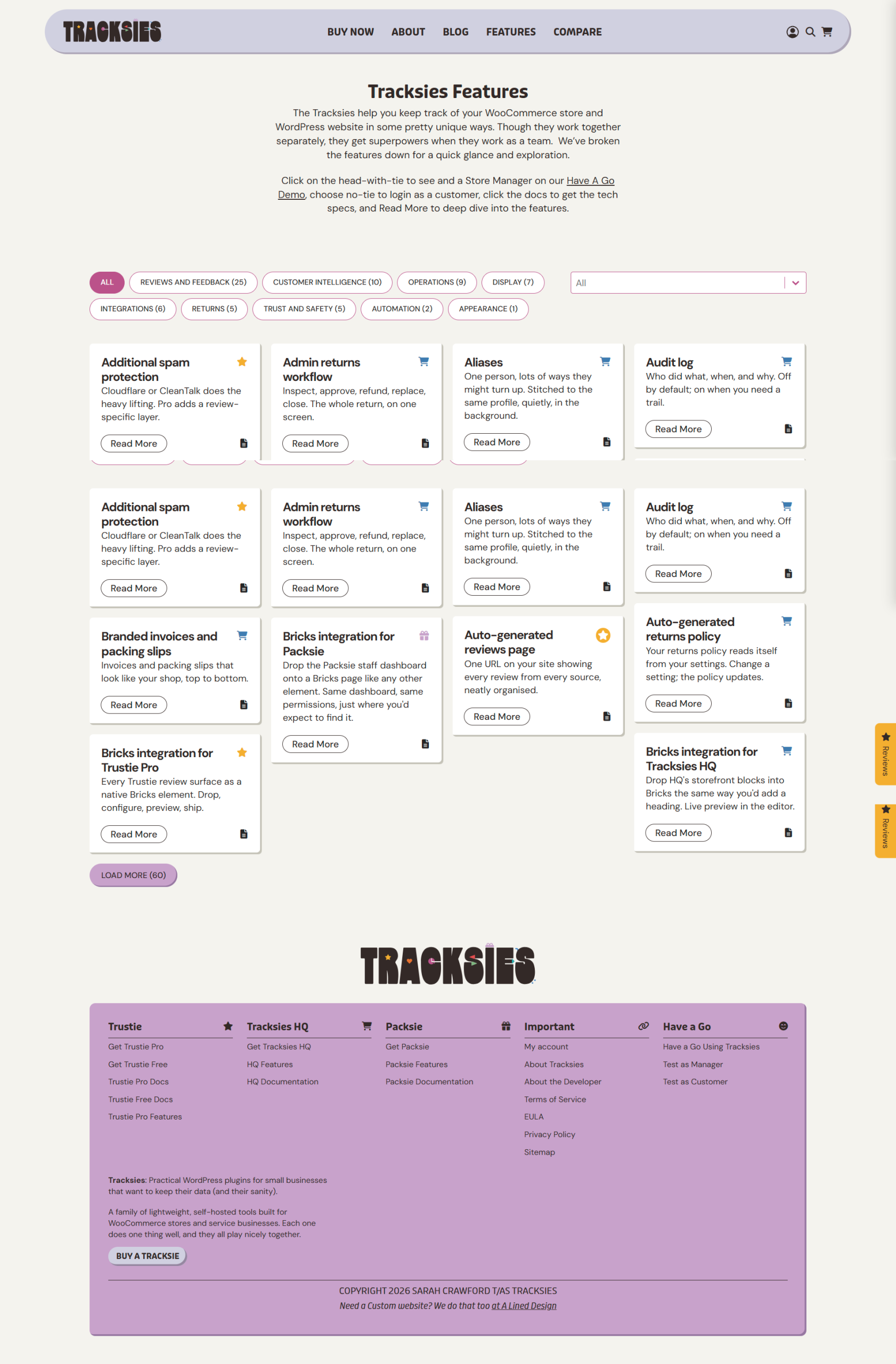 Tracksies features page showing WooCommerce plugin options