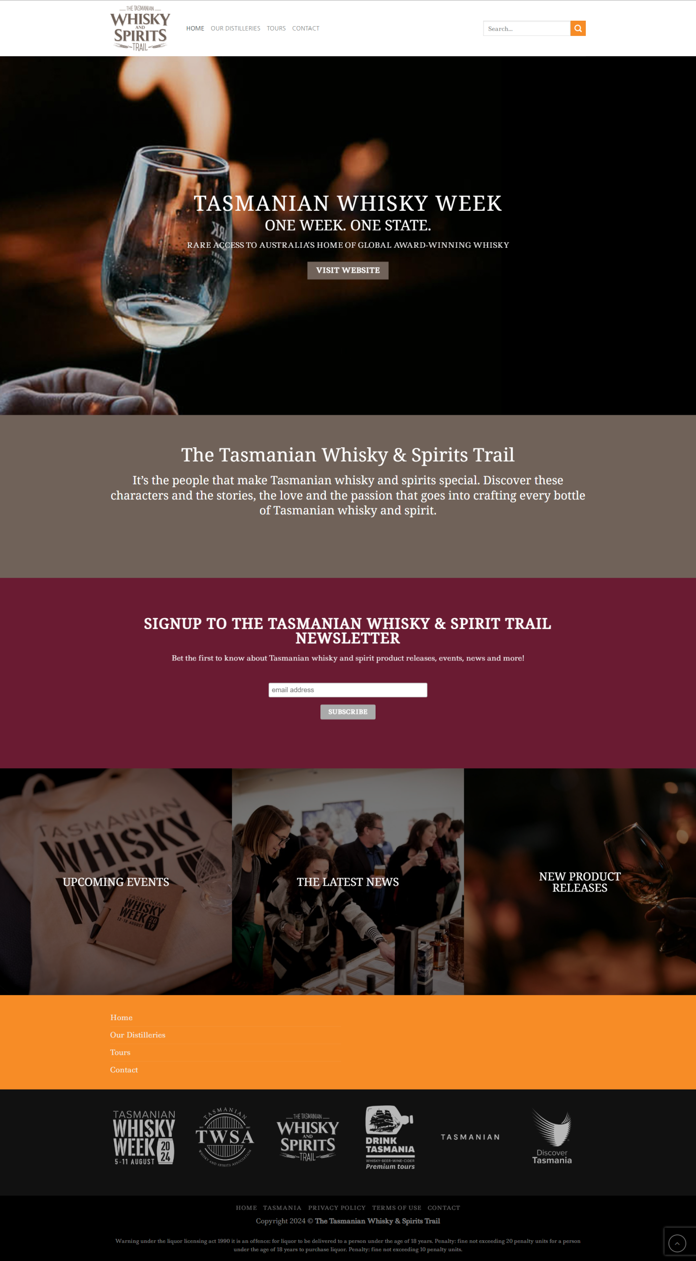 Tasmanian Whisky and Spirits Trail official website homepage
