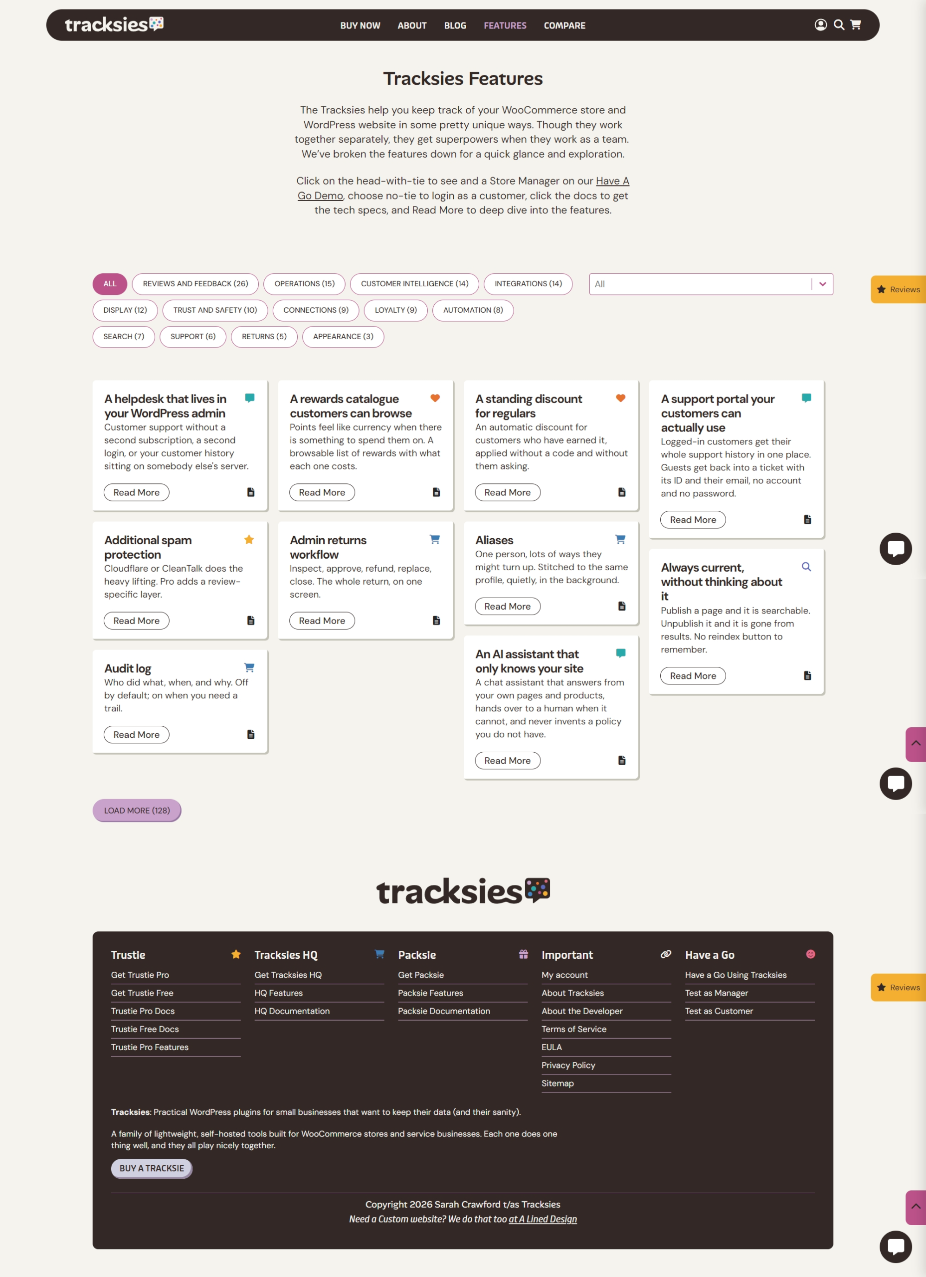 Tracksies features page for WooCommerce WordPress plugins