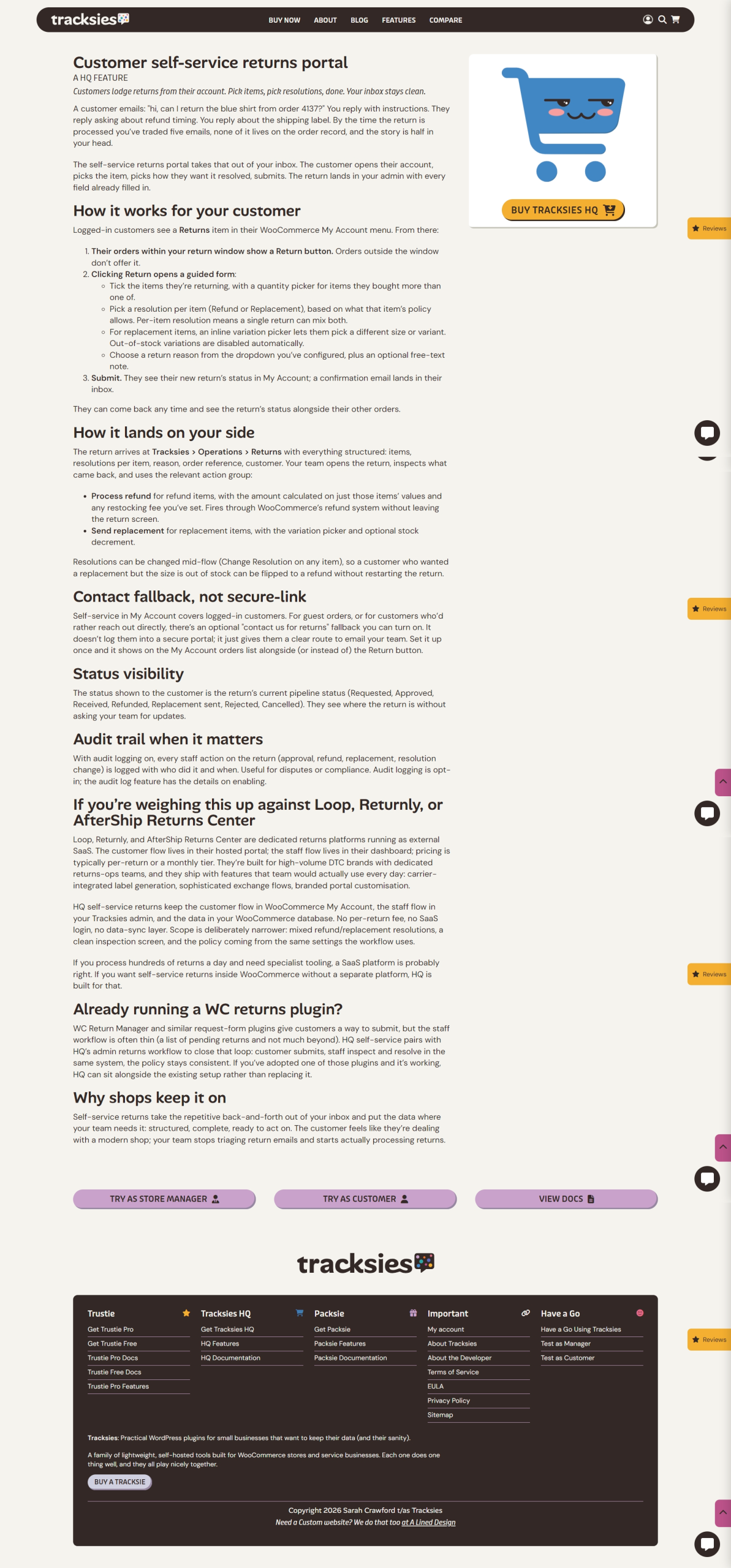 Tracksies customer self-service returns portal webpage screenshot